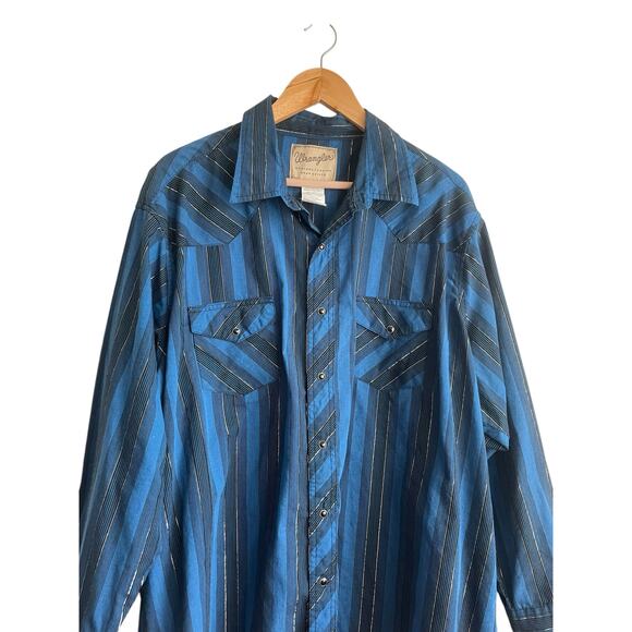Wrangler Mens Shirt 2X Blue Stripe Metallic Pearl Snap Western Rodeo Cowboy - Picture 7 of 12